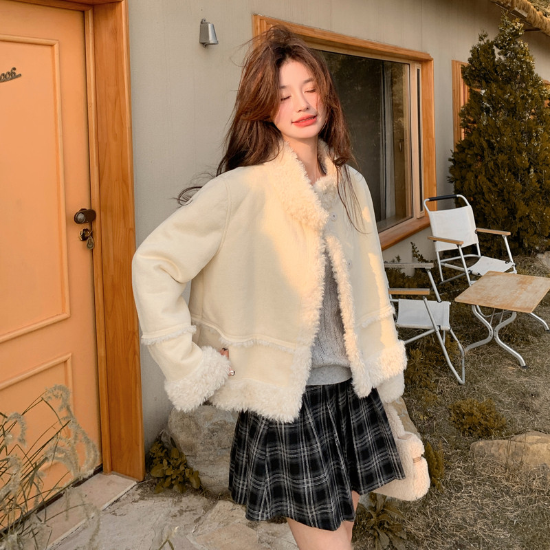 两面穿米白色皮毛一体羊羔毛外套女秋冬2025新款爆款流行棉服韩系,女装短外套,2B183