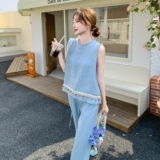 蓝色休闲松弛感套装女2025夏季新款气质时尚亮片背心阔腿裤两件套，女装套装/套裙，2C166