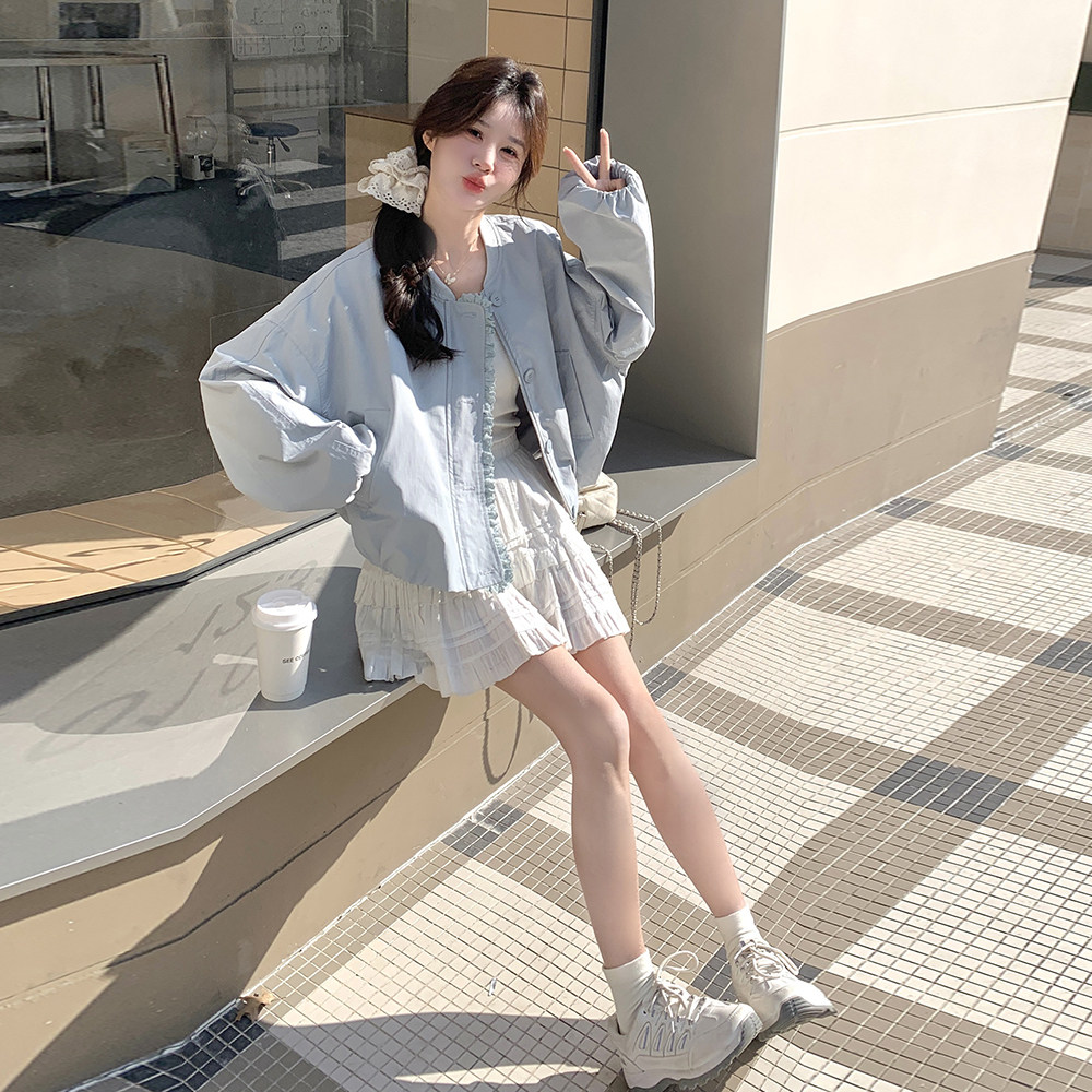 蓝色韩系短款外套女秋季2025新款小个子休闲穿搭宽松高级感夹克,女装短外套,2C203