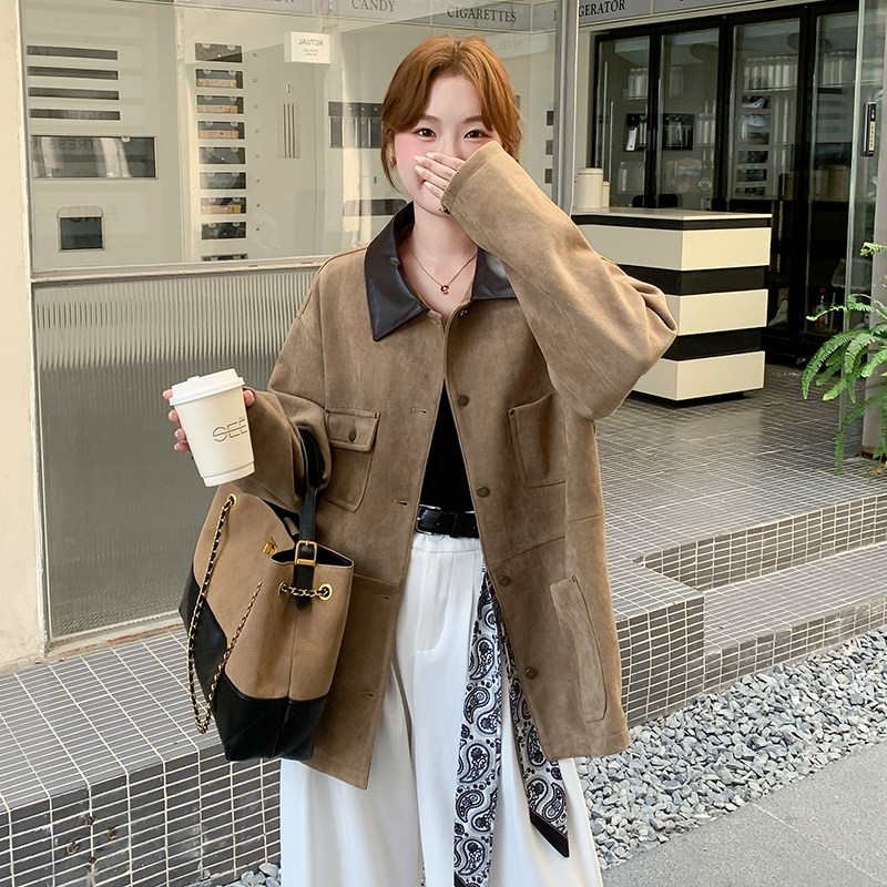 美拉德复古PU皮翻领短外套女秋高级感穿搭韩系休闲减龄麂皮绒夹克,女装短外套,2C139