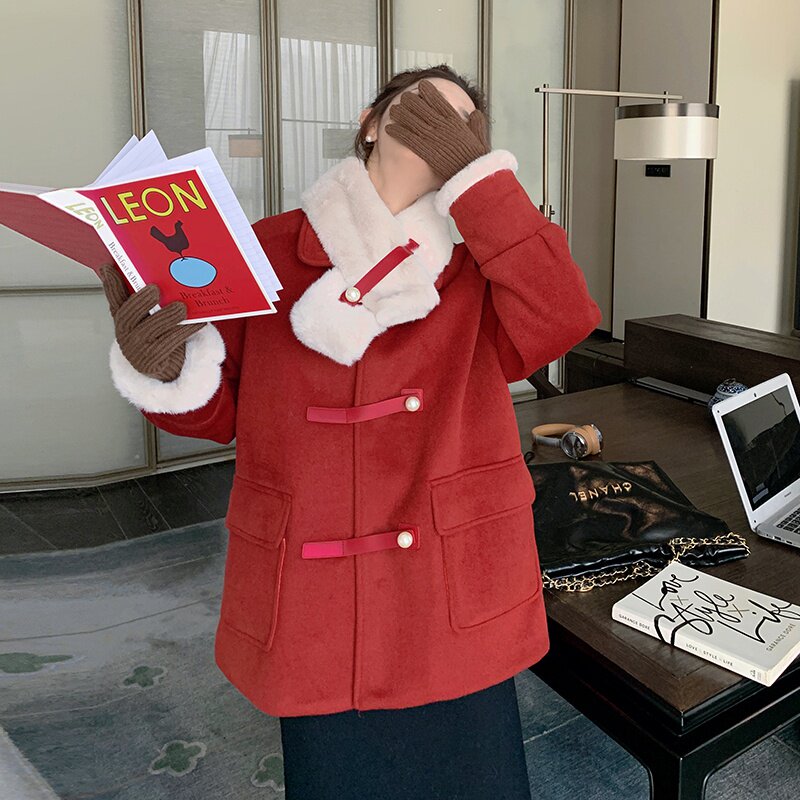 现货圣诞红毛呢外套内里加绒配围脖098-2235-P195-控288,女装毛呢外套,2C098
