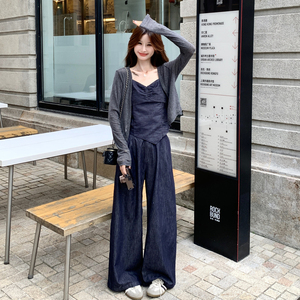 韩系气质通勤休闲风开衫套装女2026秋季新款吊带牛仔阔腿裤三件套图片