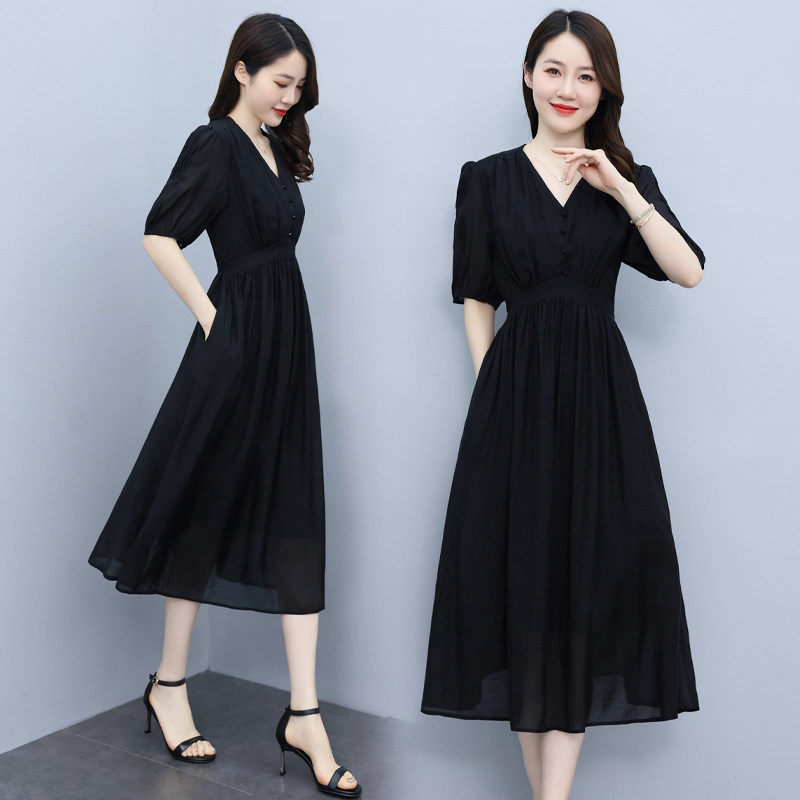 高级感天丝连衣裙女2024夏季新款收腰显瘦法式泡泡袖洋气减龄裙子,女装连衣裙,奕可儿