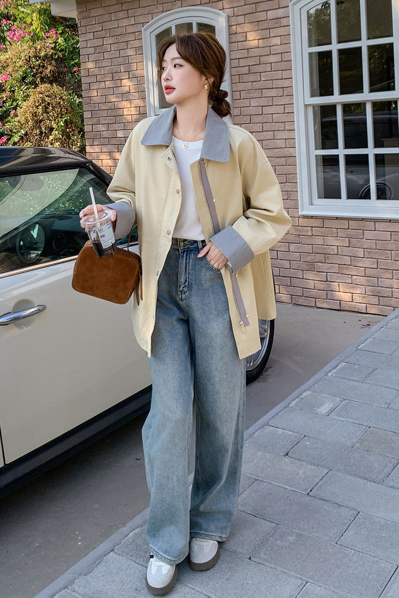 黄色短款风衣外套女宽松2026年春季新款小个子时尚百搭休闲上衣,女装风衣,2C166