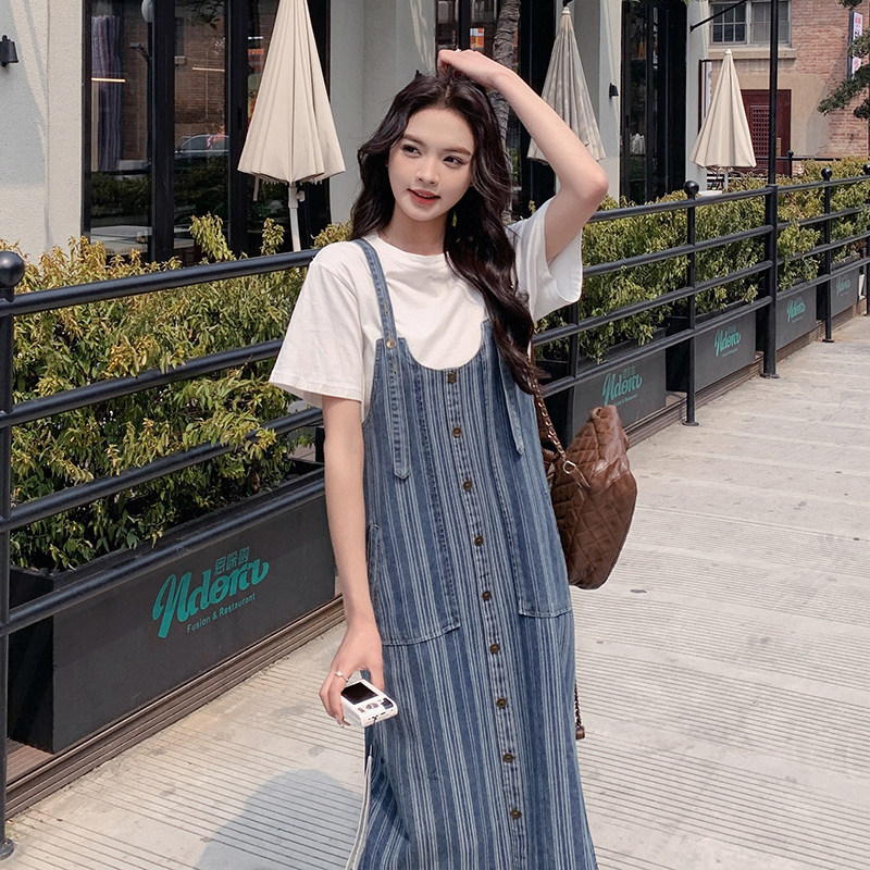蓝色条纹牛仔背带裙女2025夏季新款韩系学院风宽松显瘦休闲连衣裙,女装连衣裙,2C112