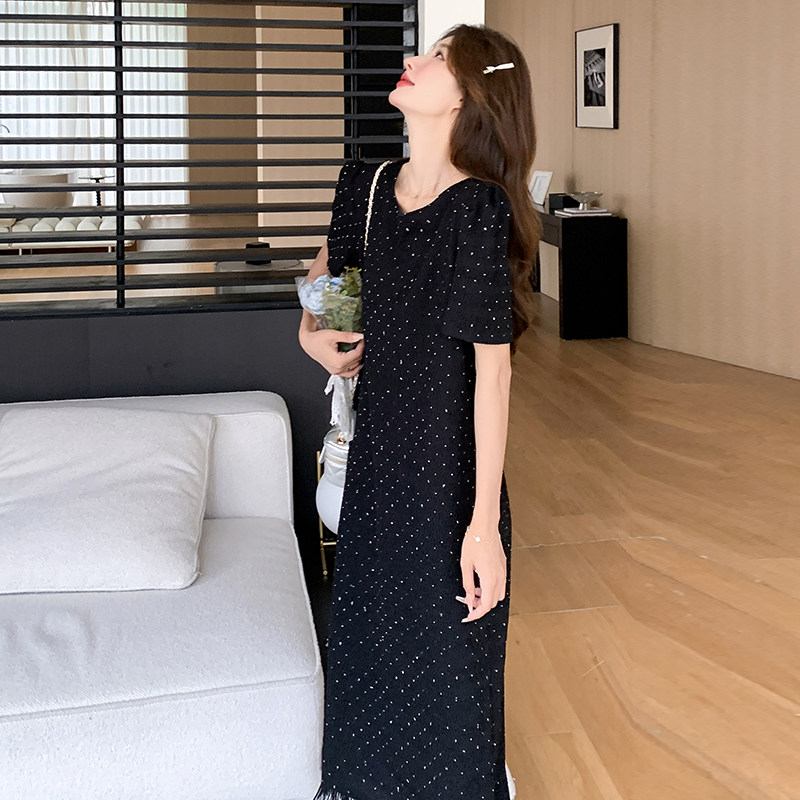 黑色流苏烫钻T恤连衣裙女夏赫本风流行小众设计减龄森系慵懒风,女装连衣裙,1D066-1