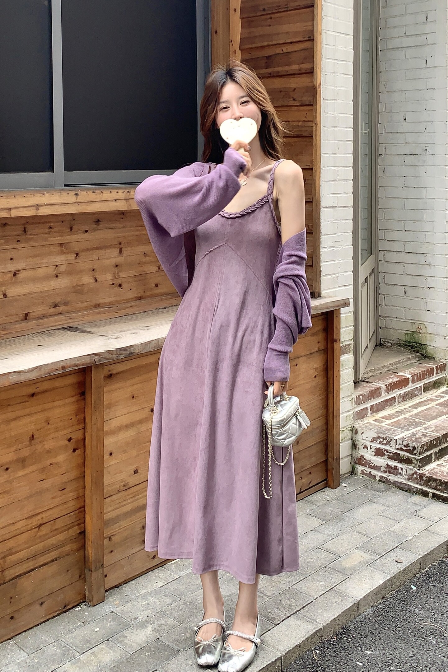 巨好看紫色浪漫套装裙女秋季法式温柔风针织开衫吊带连衣裙两件套,女装套装/套裙,2C159
