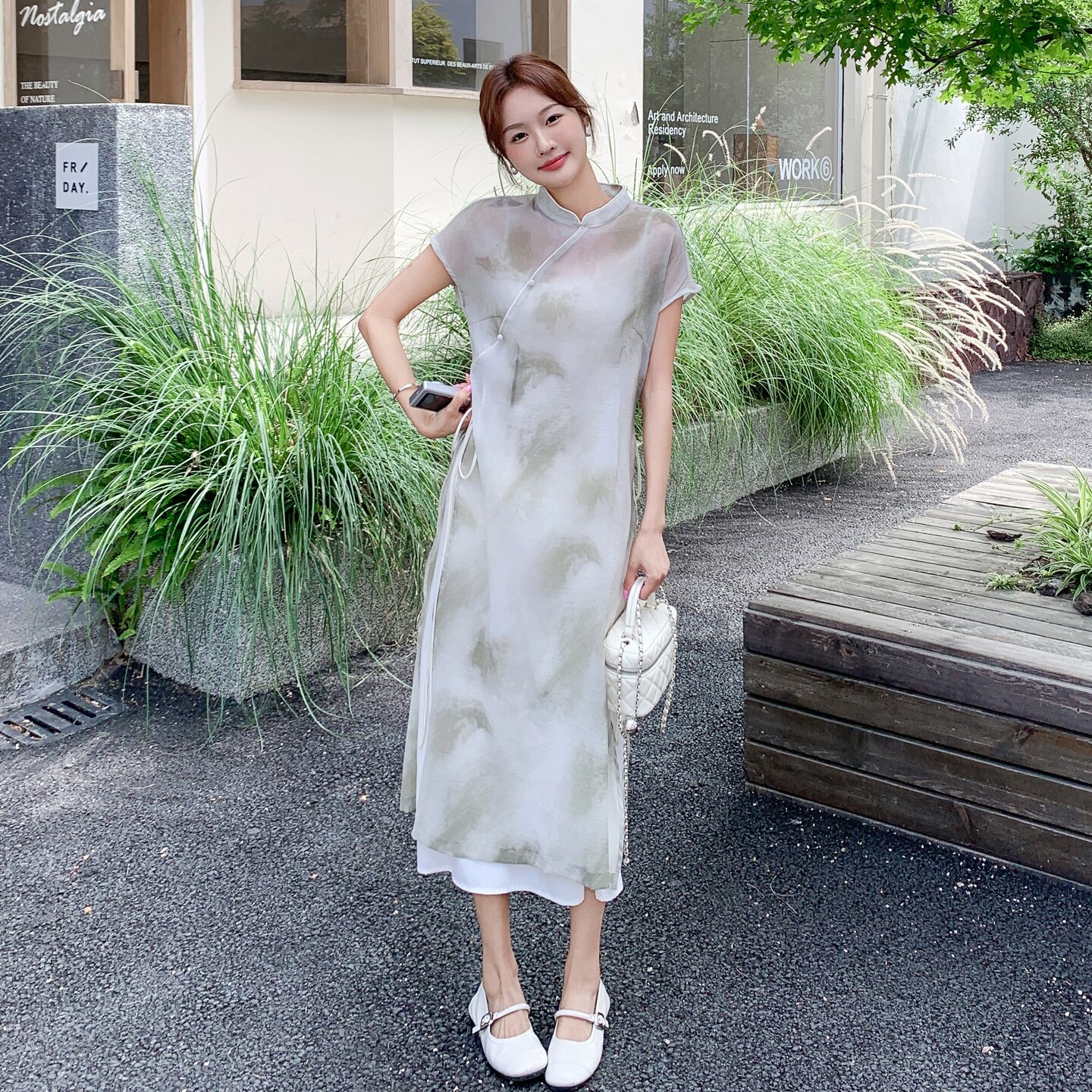 新中式改良旗袍套装女2025年夏季新款清冷感连衣裙吊带罩衫两件套,女装连衣裙,2C323