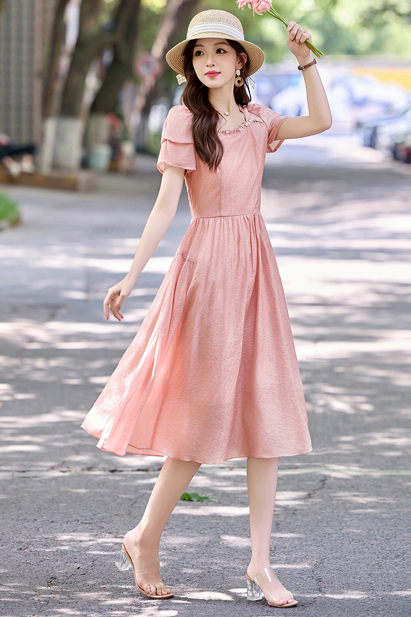 2025夏装新款女气质优雅方领修身连衣裙,女装连衣裙,锦绣伊人