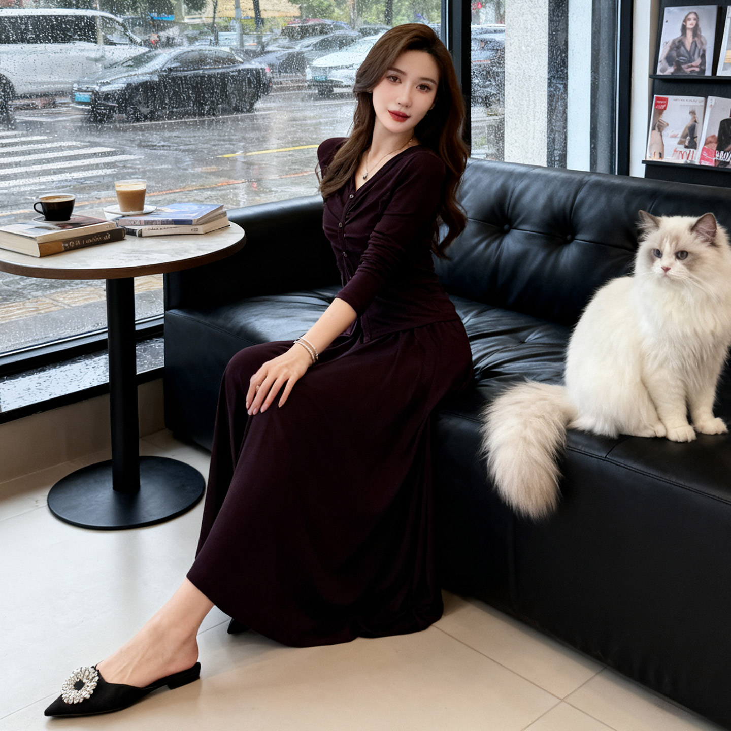 高级感时尚气质套装裙女春季新款褶皱收腰V领上衣中长裙两件套潮,女装套装/套裙,2C310