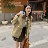 巴恩风卡其色工装短外套女春秋超火好看高级小众大方得体夹克上衣，女装短外套，2C353