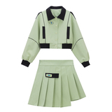 秋装搭配一整套绿色棒球服套装女春秋2025新款miu系百褶裙两件套，女装套装/套裙，2C052