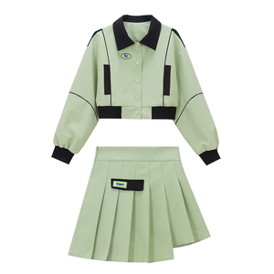 秋装搭配一整套绿色棒球服套装女春秋2025新款miu系百褶裙两件套图片