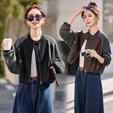 【2026春季新款现货】牛仔拼接皮衣外套短款机车风夹克重工复古，女装短外套，英标秀（1C119）
