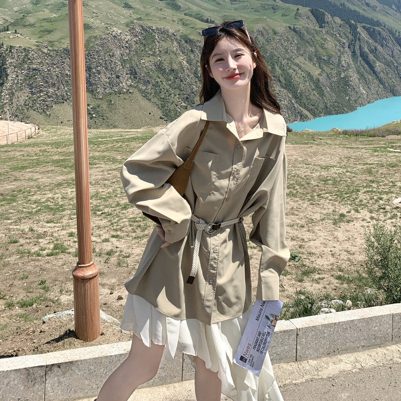 卡其色复古长袖外穿衬衫女秋2025新款韩版宽松显瘦小个子气质衬衣,女装衬衫,2C159