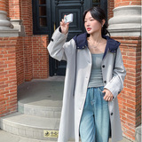 撞色连帽设计感风衣女中长款2025新款春秋高端休闲韩版大衣外套，女装风衣，2C238