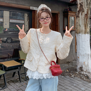 现货25春装新款小香风蕾丝拼接外套气质淑女百搭外套女图片