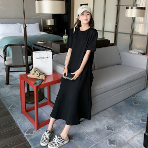 黑色短袖连衣裙女2025夏季新款今年流行宽松显瘦纸片人中长款裙子图片