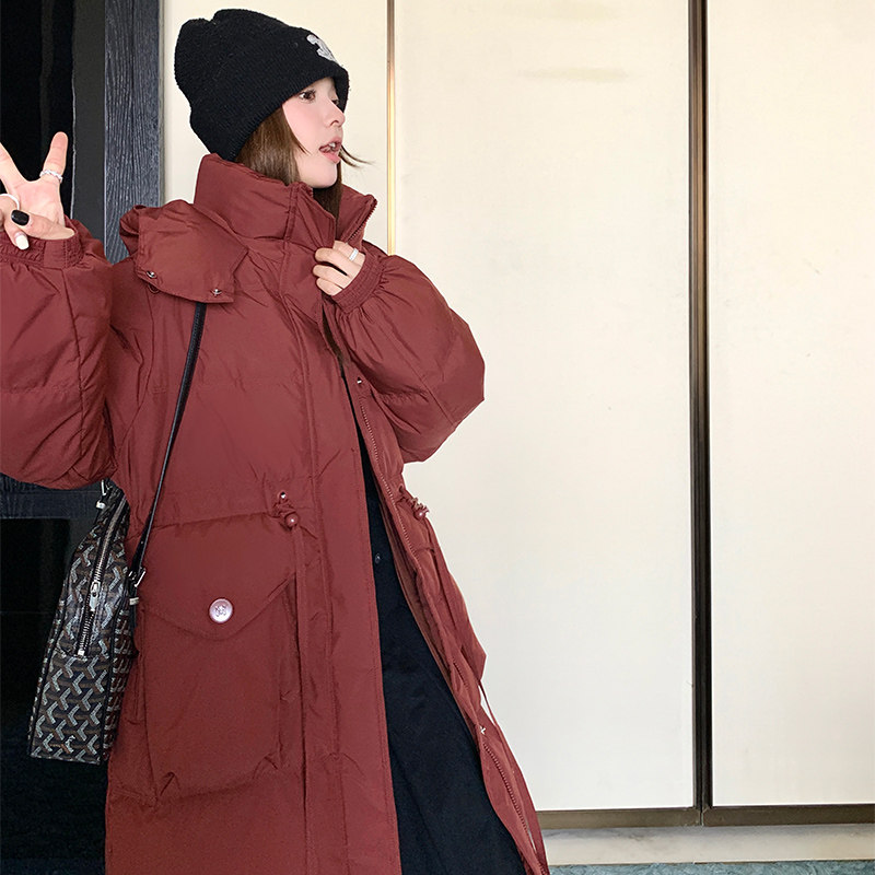 高级感超好看安可拉红色中长款羽绒服女冬2024新款本命年收腰外套,女装羽绒服,1D066-1