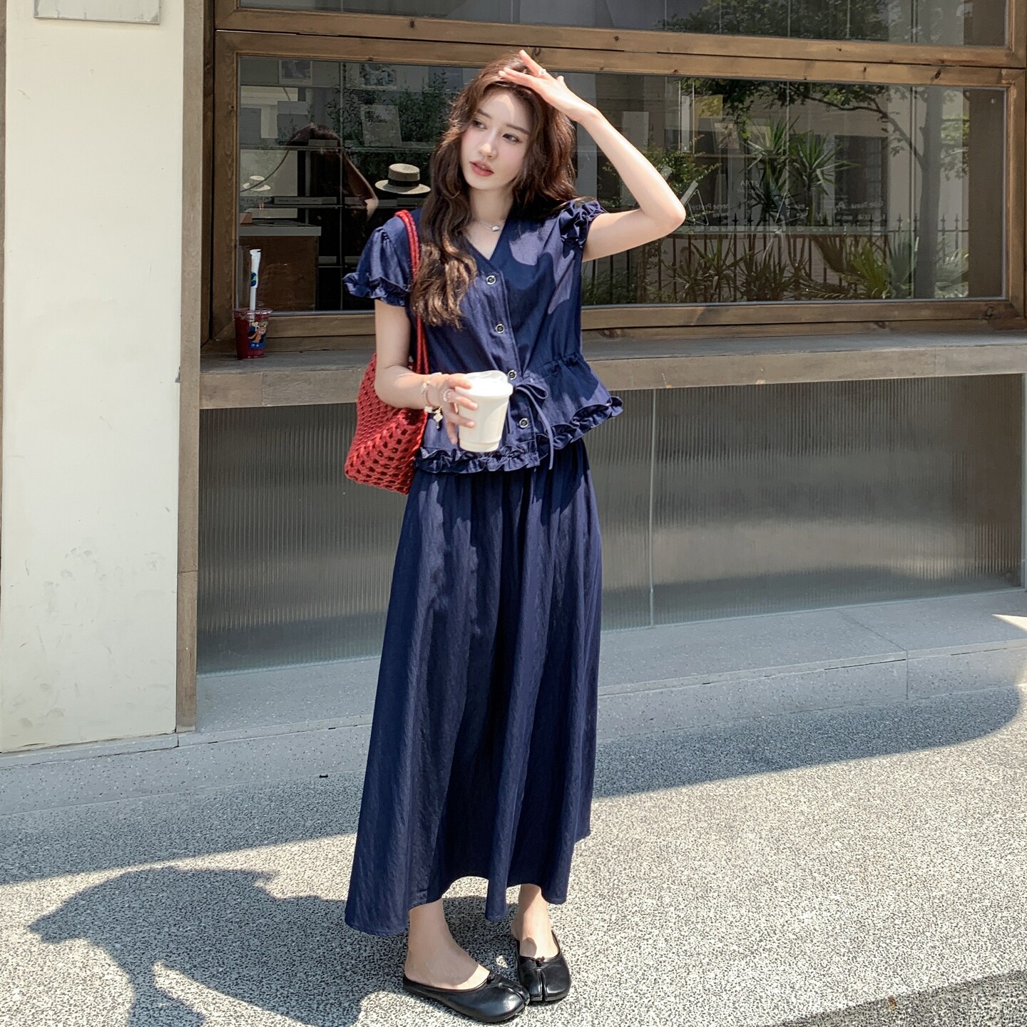 轻熟风气质木耳边上衣高腰半身裙套装女2025夏新款收腰显瘦两件套,女装套装/套裙,2C212