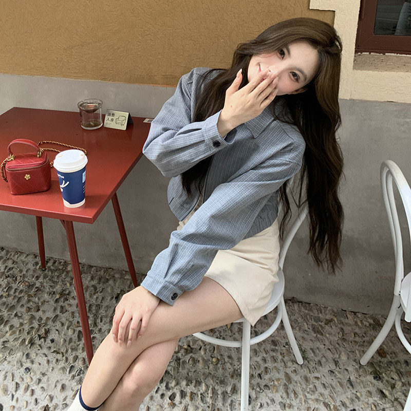 蓝色条纹短款外套春秋女2025新款学院风今年流行小个子显高夹克潮,女装短外套,2C057
