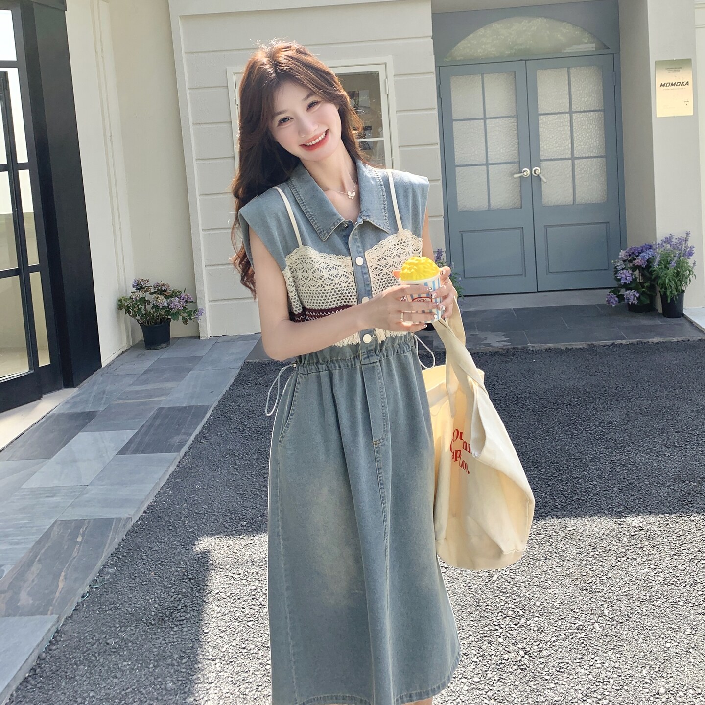 蕾丝拼接无袖牛仔连衣裙女2025夏季新款甜酷风时尚收腰显瘦a字裙,女装连衣裙,2C218