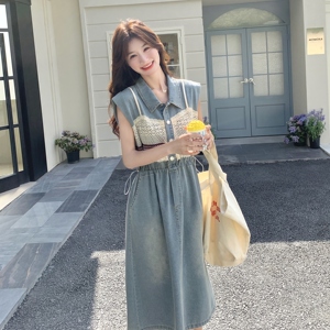 蕾丝拼接无袖牛仔连衣裙女2025夏季新款甜酷风时尚收腰显瘦a字裙图片