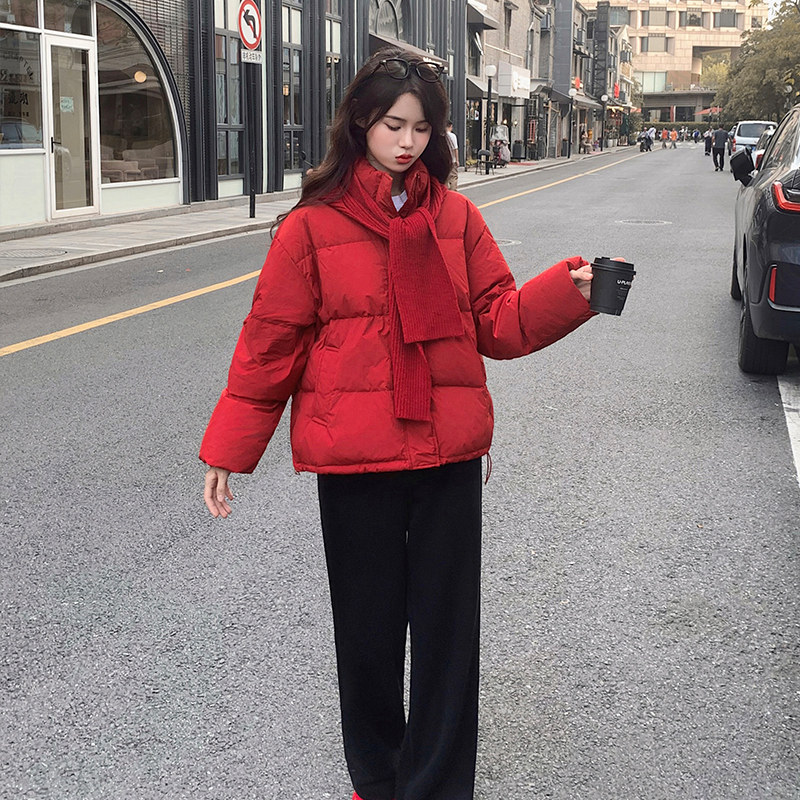 韩系短款新年红加厚羽绒服女2025冬季新款显瘦保暖立领白鸭绒外套,女装羽绒服,2C009