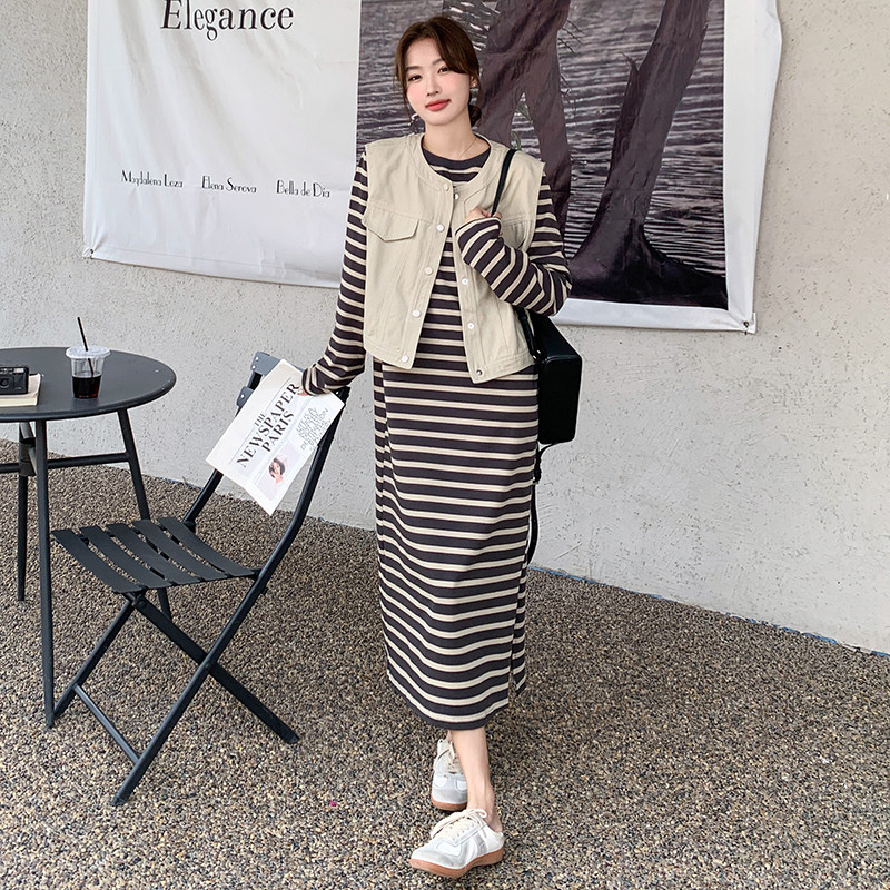 慵懒风休闲长袖条纹连衣裙马甲套装女2025年春季新款高级感两件套,女装套装/套裙,2C203