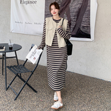 慵懒风休闲长袖条纹连衣裙马甲套装女2025年春季新款高级感两件套，女装套装/套裙，2C203