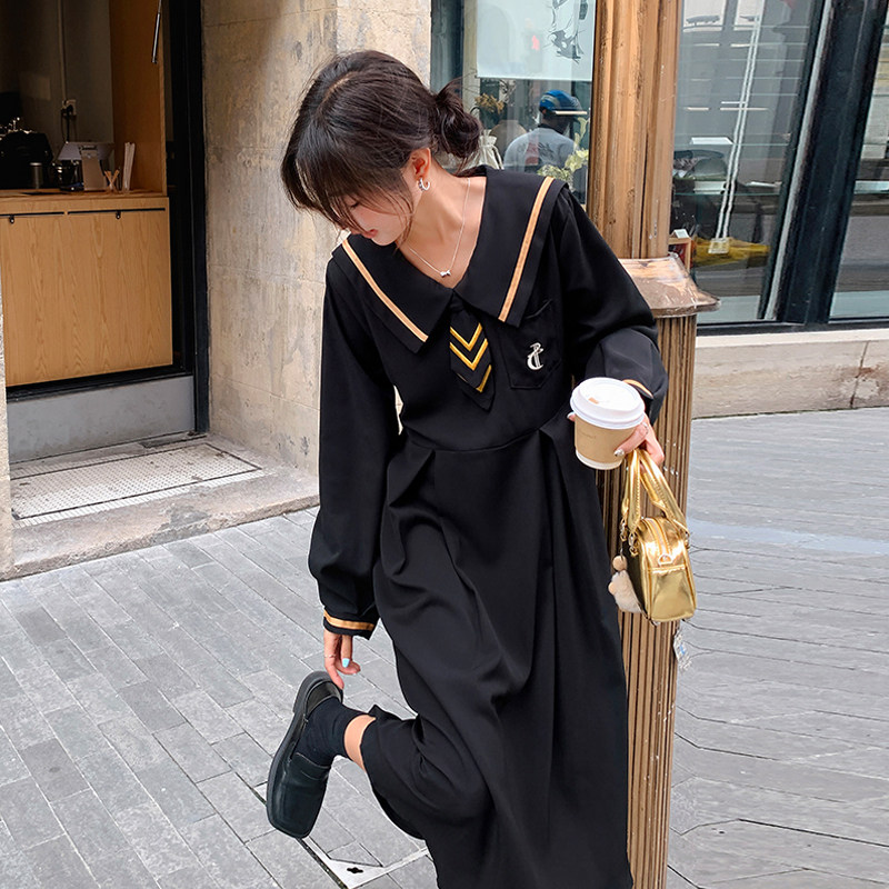 现货 秋季学院风海军领黑色显瘦连衣裙 2C206-L12-P135-K188图片