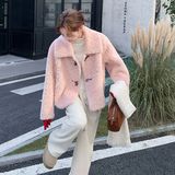 粉色千金感皮毛一体牛角扣羊羔毛外套女冬季2025新款时髦洋气棉服，女装皮草，2C056