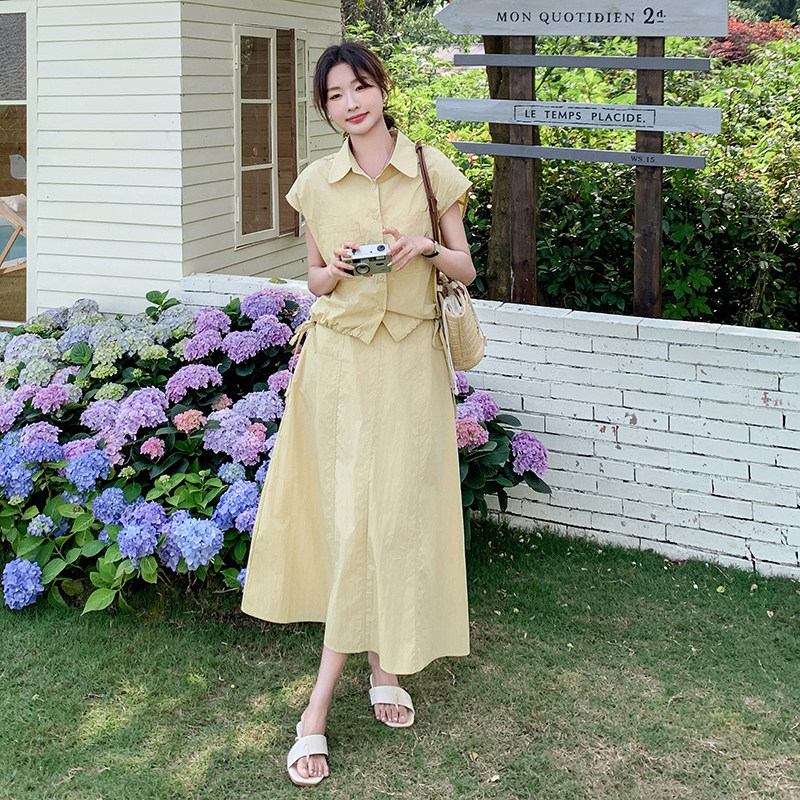 黄色休闲衬衫显瘦气质半身裙两件套新款温柔系穿搭套装女夏连衣裙,女装套装/套裙,2C075