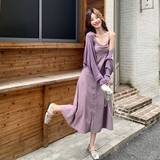 紫色法式气质御姐范吊带连衣裙套装女2025秋季新款针织开衫两件套，女装套装/套裙，2C159