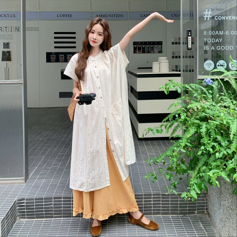 米色小清新叠穿套装女夏季新款韩版设计感轻薄衬衫裙阔腿裤两件套,女装套装/套裙,2C218