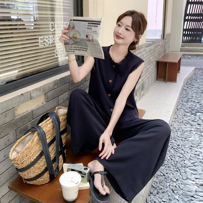 简约气质感套装女2025夏季新款减龄无袖毛边上衣直筒阔腿裤两件套,女装套装/套裙,2C159