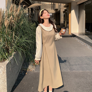卡其色时尚假两件长袖连衣裙女2025春新款俏皮洋气减龄收腰长裙子图片
