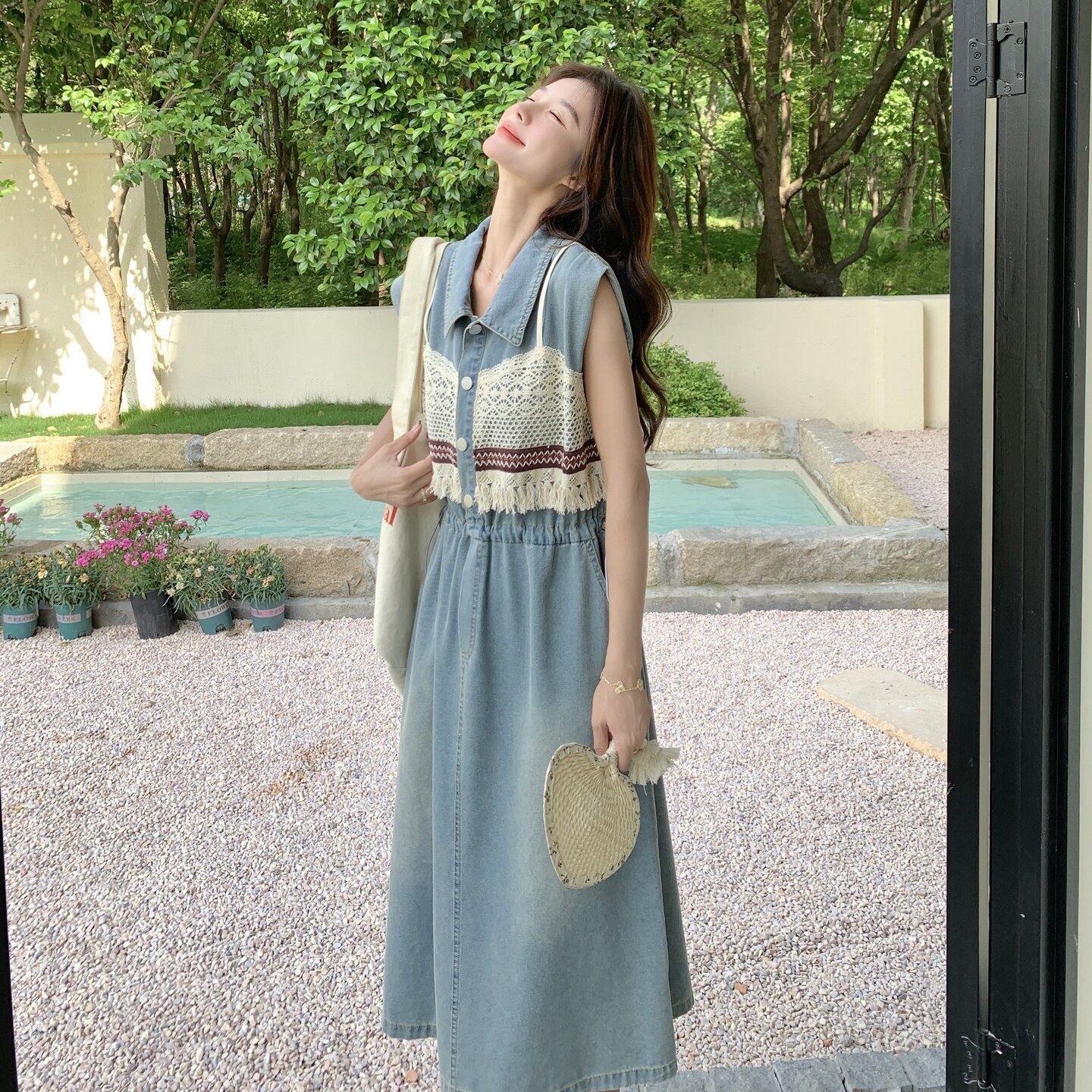 蕾丝拼接无袖牛仔连衣裙女2025夏季新款甜酷风时尚收腰显瘦a字裙,女装连衣裙,2C218