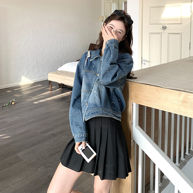 肌理感提花翻领牛仔外套女春秋2025新款小个子流行韩系超好看夹克,女装短外套,2C166