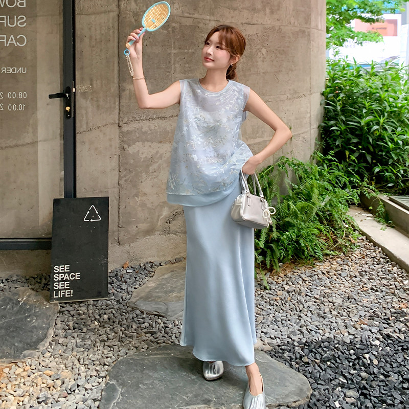 新中式国风刺绣上衣半身裙套装女2025年夏季新款小个子休闲两件套,女装套装/套裙,2D109