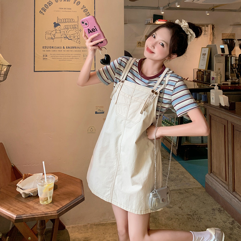 夏款条纹T+背带短裙2C122-8838-P120-K180,女装套装/套裙,2C122