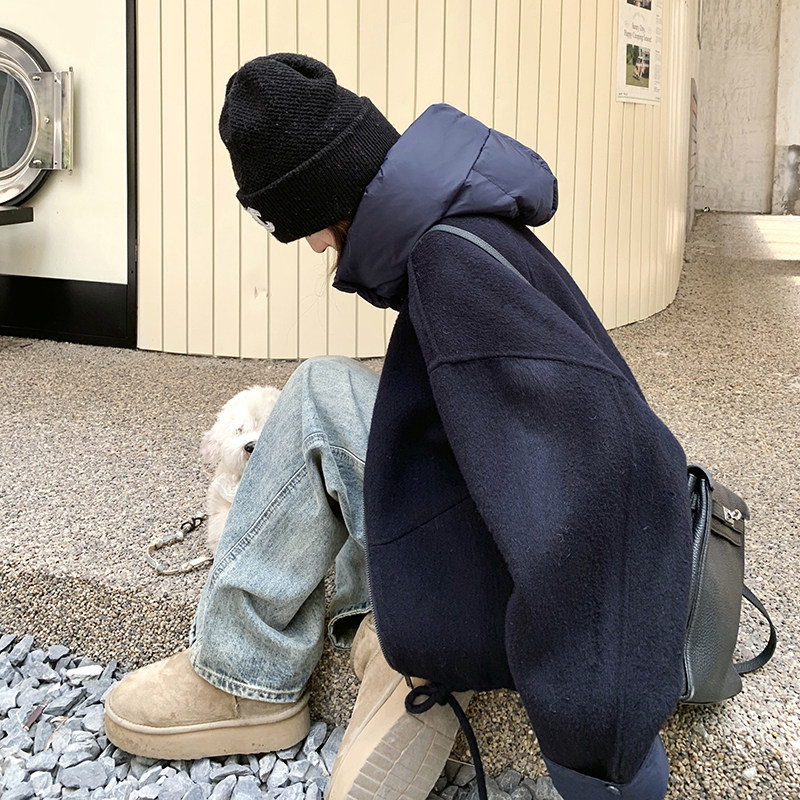 藏青色设计感白鸭绒羽绒内胆呢子外套女冬新款小个子短款加厚毛呢,女装毛呢外套,2C016