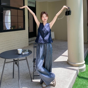 气质减龄马甲条纹阔腿裤套装女2025年夏季新款韩系休闲显瘦两件套图片