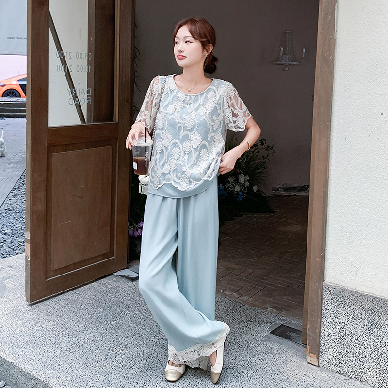 法式重工蕾丝无袖背心阔腿裤时尚套装女夏新款慵懒度假风两件套,女装套装/套裙,2C238