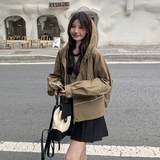 卡其色休闲连帽夹克外套女短款2026秋韩版设计感宽松运动工装上衣，女装短外套，2C166
