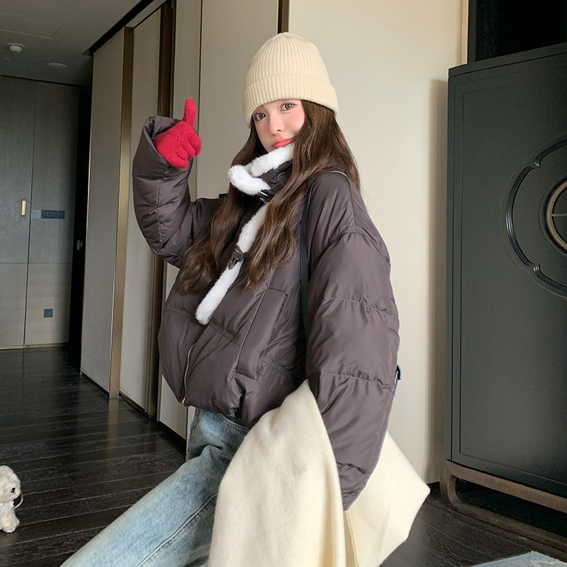 LeceaAlice短款羽绒服女2025冬季新款韩版拼接毛绒白鸭绒面包服,女装羽绒服,2C088
