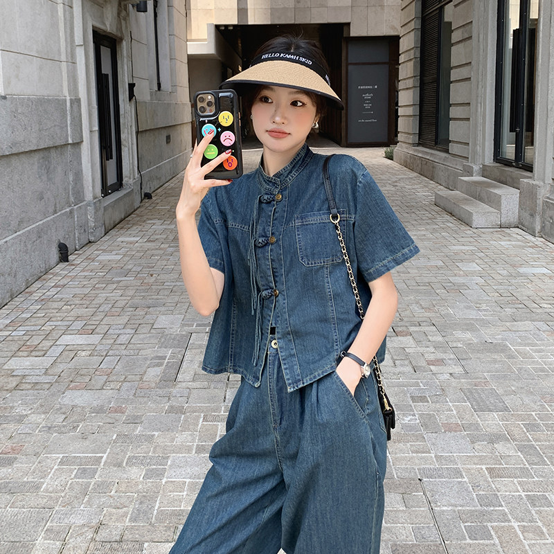 新品新中式牛仔盘扣衬衫阔腿裤套装2582-P145-K218,女装套装/套裙,2C159
