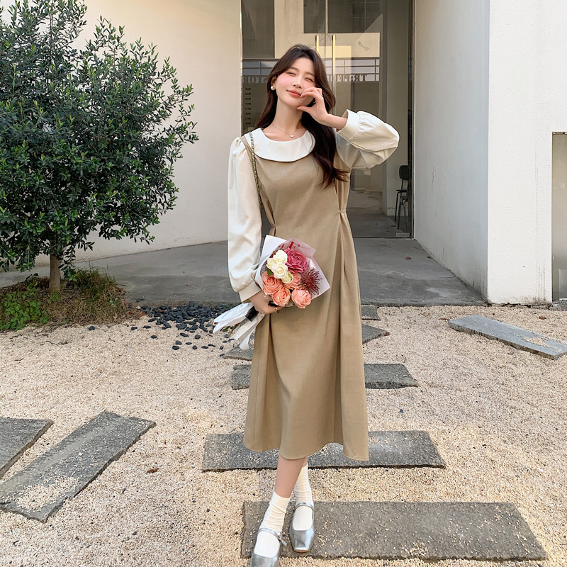 卡其色时尚假两件长袖连衣裙女2025春新款俏皮洋气减龄收腰长裙子,女装连衣裙,2C092