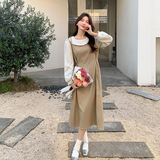 卡其色时尚假两件长袖连衣裙女2025春新款俏皮洋气减龄收腰长裙子，女装连衣裙，2C092