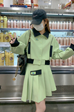 绿色百褶裙时髦套装女秋2024新款高级感学院风小个子棒球服两件套，女装套装/套裙，2C052